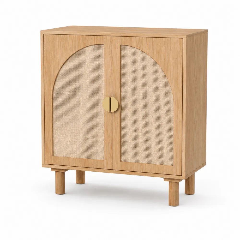 Eichenholz Schrank mit Rattan-Türen Beige 80x35x90cm