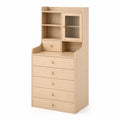 Schubladenschrank aus Eichenholz mit Regal und Glastür, Hellbraun, 180 cm