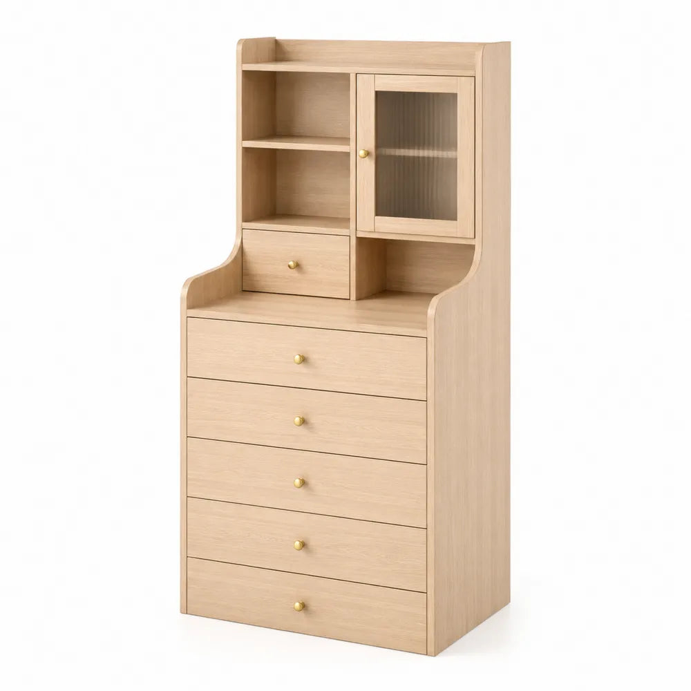Schubladenschrank aus Eichenholz mit Regal und Glastür, Hellbraun, 180 cm