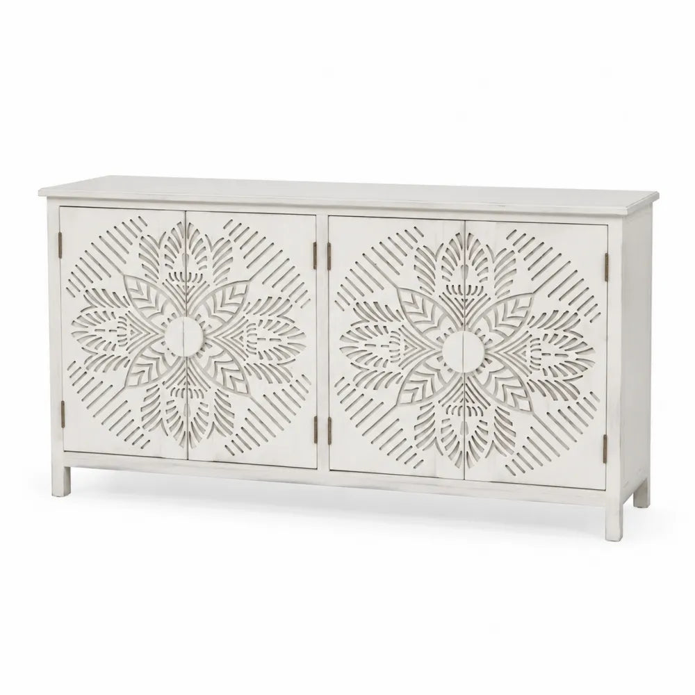Sideboard Mangoholz geschnitzt Weiß 120x40x80 cm
