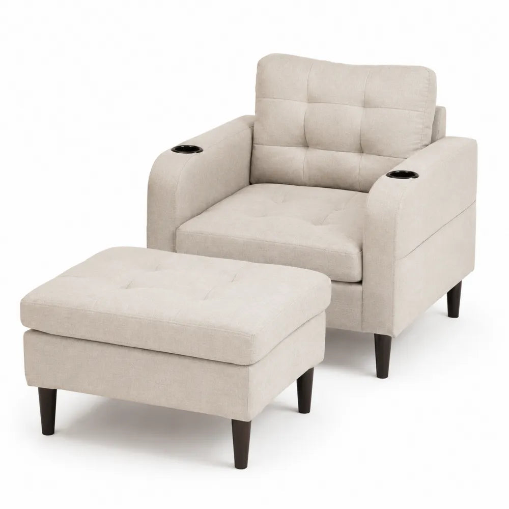 Beiger Sessel mit Hocker und Becherhalter